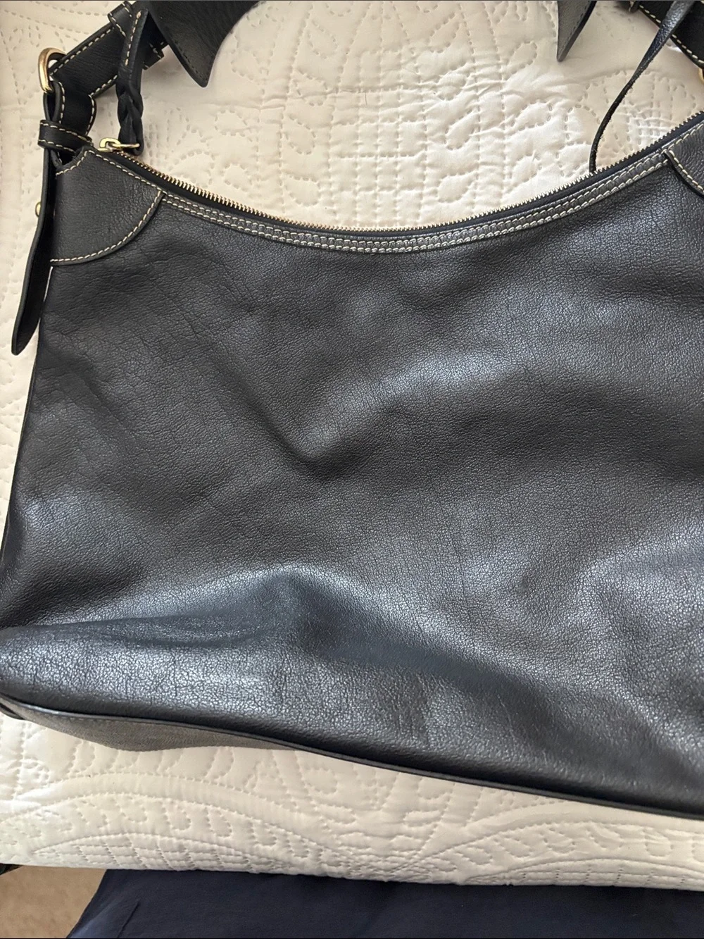 Dooney & Bourke Black Leather Hobo Shoulder Bag with Gold Plaque